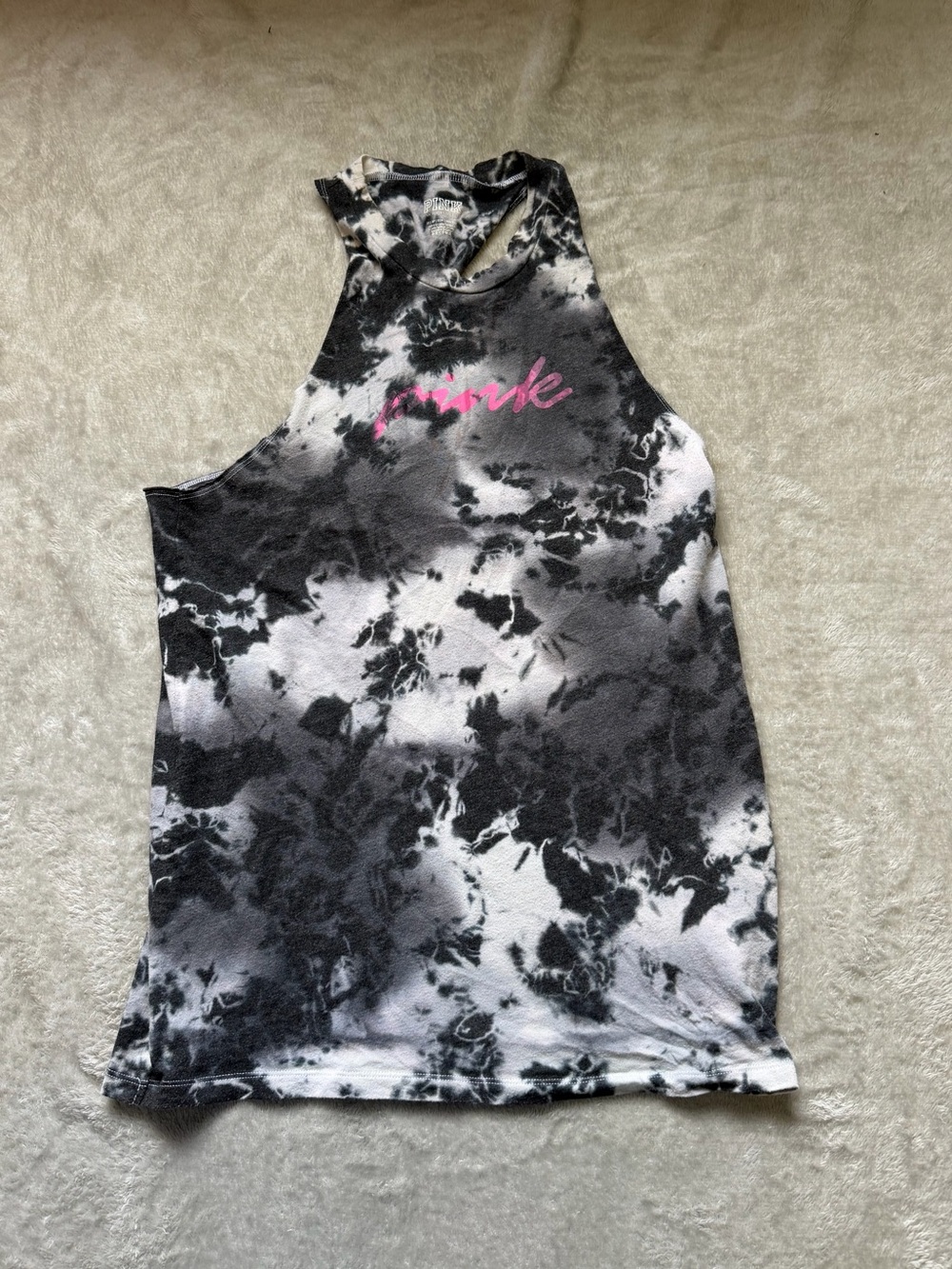 PINK Victoria's Secret Black & White Tie-Dye Halter Tank with Pink Logo